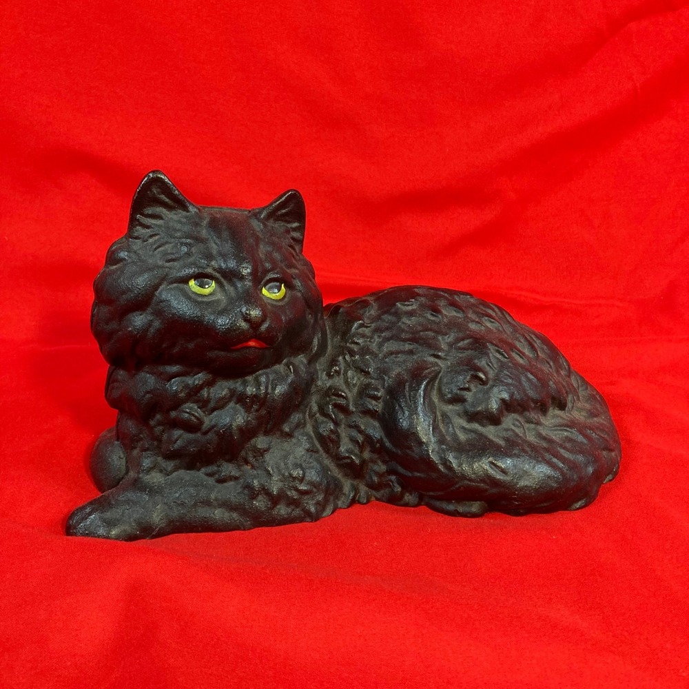 Vintage Cast Iron Reclining Black Cat Doorstop Figurine Rustic Folk Art